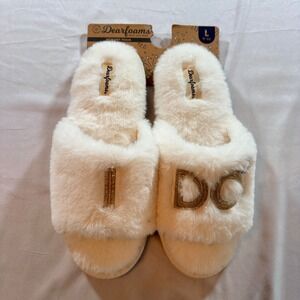 Dearfoams I Do Bridal Slippers Womens Large 9-10 Alabaster Faux Fur Memory Foam